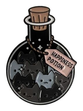 🧷'Happiness Potion' Cartoon Cat Enamel Pin / Brooch in Black and White